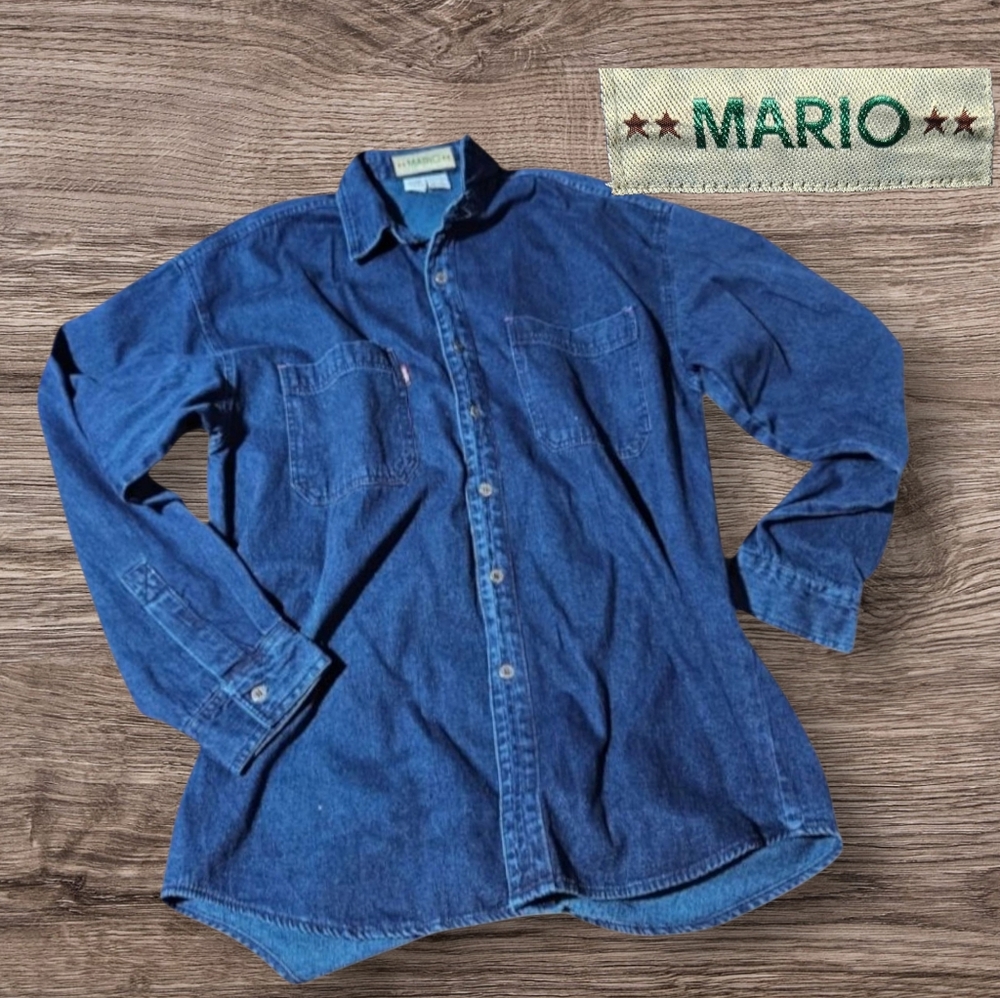 VTG/90s MARIO Rare Denim Flannel Shirt Button‎ Up Long Sleeve Blue Size Large